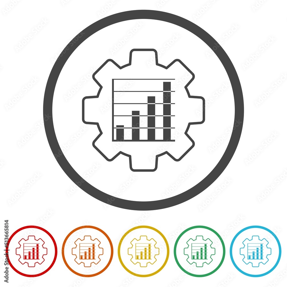 Aufkleber gear with graphic chart icons in color circle buttons