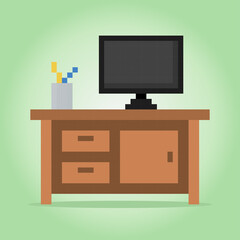 8 Bit Pixel work place in Vector Illustration for Game Assets. Flat desktop on desk in Pixel Art.