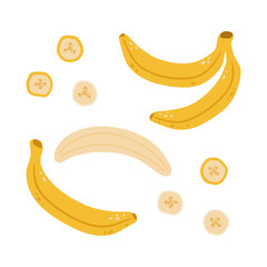 Vector set of whole bananas and sliced pieces on a white background. Hand-drawn fruits in bright colors. Suitable for illustrating healthy food, recipes, local farm.