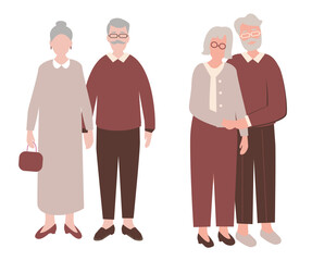 Portrait of a senior elderly couple isolated on a white background, old couple.An elderly man and woman. Cartoon elder grandparents. Colored flat illustration of a gray-haired grandmother, grandfather