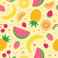 Fruity tropical cute seamless vector pattern. Mature summer exotic fruits and berries. Watermelon, pineapple, cherry and others.