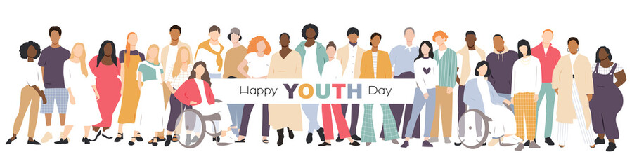 Obraz premium Happy Youth Day banner. People stand side by side together. Flat vector illustration.