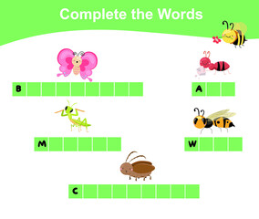 What letters are missing? Complete the words. Educational worksheet activity for preschool kids. Vector illustration.