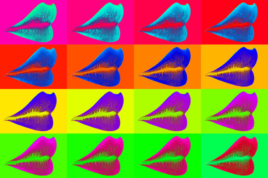 Contemporary art background with colored lips. Digital texture backdrop. Trendy art, creative fun culture. Contemporary neural network art poster. Funky punk collage design. Creative concept.