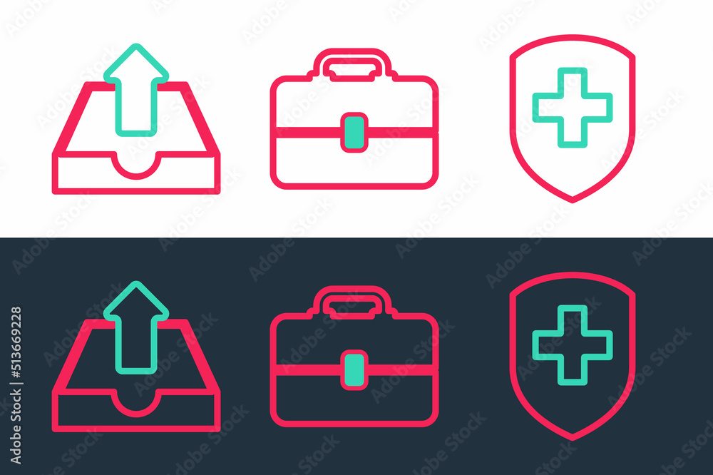 Poster set line medical shield with cross, upload inbox and toolbox icon. vector