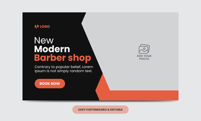 Modern barber shop video thumbnail template. Editable salon web banner template