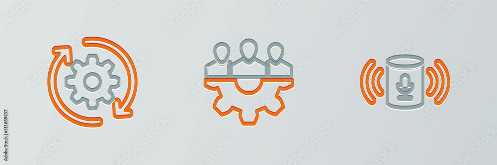 Poster set line voice assistant, gear and arrows workflow and project team base icon. vector