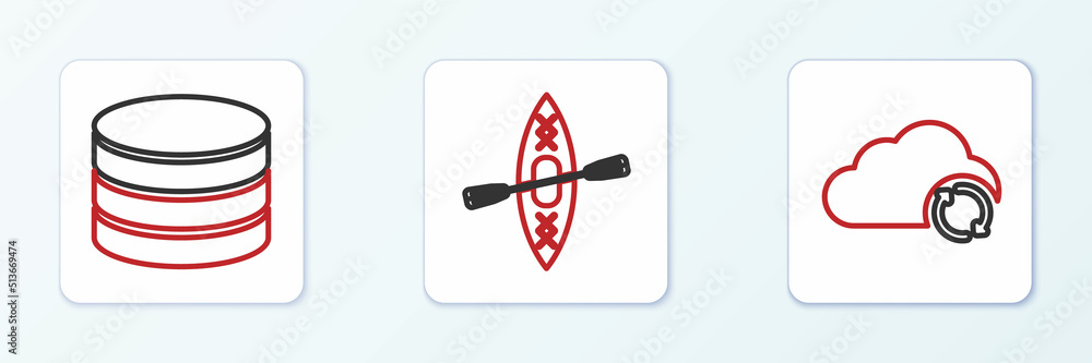 Poster set line cloud sync refresh, database and kayak and paddle icon. vector