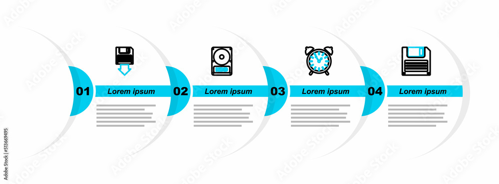 Poster set line floppy disk, alarm clock, hard drive hdd and backup icon. vector
