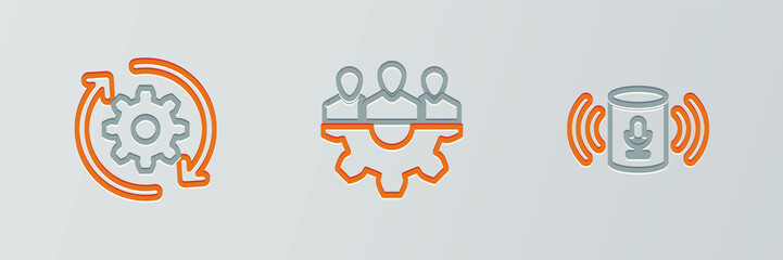 Set line Voice assistant, Gear and arrows workflow and Project team base icon. Vector