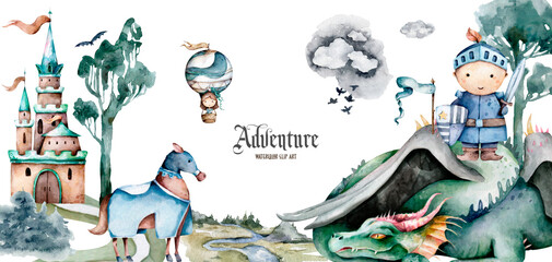 Knight, dragon and castle watercolor illustration. Fabulous mystical story of a knight. Balloon princess, horse and dragon victory. Landscape design for inra in cartoon style, clipart on a white - 513669875