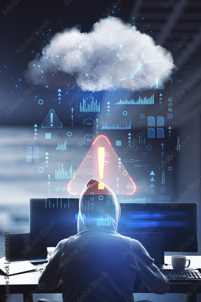 Aufkleber Warning and cyber security concept with back view on hacker in hoody using computers and abstract digital data cloud network interface with exclamation point, double exposure