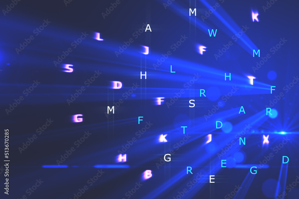 Aufkleber Abstract blue letter alphabet backdrop with light rays. Digital transformation, technology and big data concept. 3D Rendering.