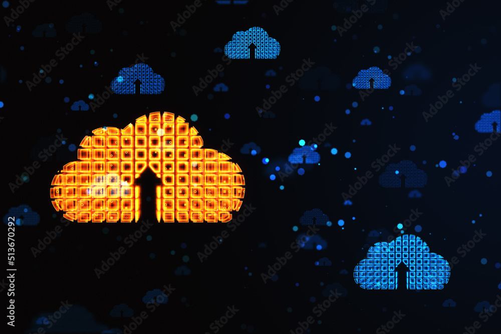 Aufkleber Cloud computing technology and data storage concept with digital glowing cloud with arrow up symbol on abstract dark technological background. 3D rendering