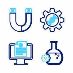 Set line Bioengineering, Clinical record on monitor, Genetic and Magnet icon. Vector