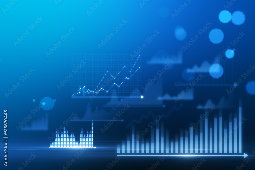 Poster Abstract glowing business chart hologram on blurry blue bokeh backdrop with mock up place for your text. Finance, report and ai concept. 3D Rendering.