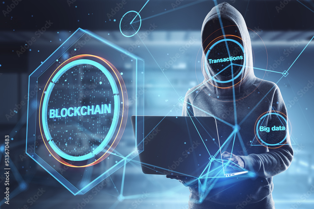 Aufkleber hacker in hoodie using laptop with creative polygonal blockchain hologram on blurry interior backdro