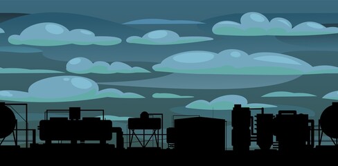 Production plant. Seamless horizontal composition. Cloudy weather and smoke. Silhouette of objects. Industrial technical equipment. Factory chemical. Modern technology enterprise. Vector