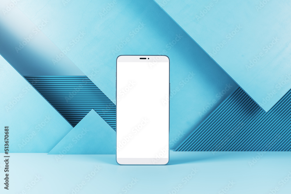 Poster Close up of blank smartphone screen on blue geometric wall background. Tech presentation and device concept. Mock up, 3D Rendering.