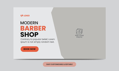 Modern barber shop video thumbnail template. Editable salon web banner template