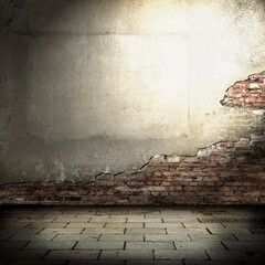 Fototapeta premium empty warehouse interior grunge background theater scene , red damaged concrete wall and beam of spot light in the corner, tiled sidewalk and black shadow or vignette