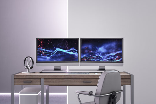 Bright concrete office interior with workplace, equipment and tech background on computer screen. 3D Rendering.