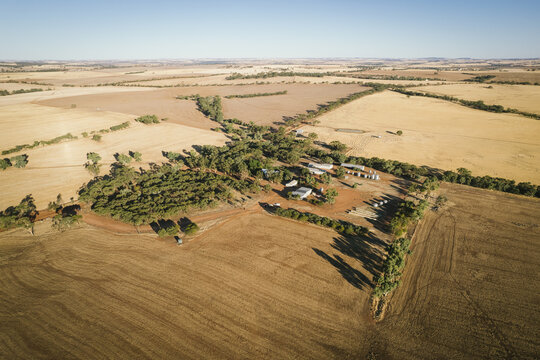 Aerial farm house and sheds landscape in the Avon Valley of Western Australia