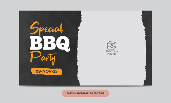Barbeque social media thumbnail template. Delicious grill bbq food video web banner 