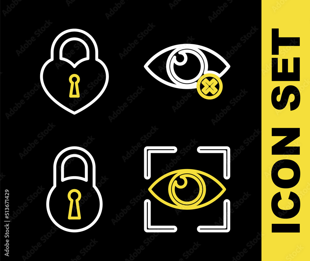 Poster set line invisible or hide, eye scan, lock and castle in the shape of heart icon. vector