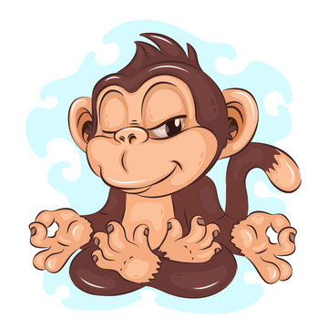 Meditating Cartoon Monkey.  Illustration of a meditating monkey sitting in a lotus position. Cartoon mascot. Positive and unique design. Children's illustration. 