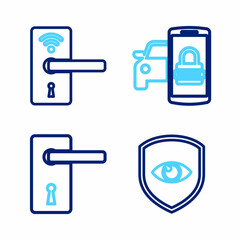 Set line Shield and eye, Door handle, Smart car security system and Digital door lock with wireless icon. Vector