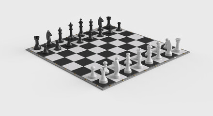 Chess pieces on the board in the starting position. isolated. 3D Rendering.