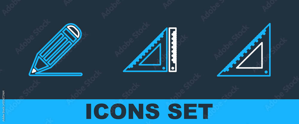 Poster set line triangular ruler, pencil and line and icon. vector