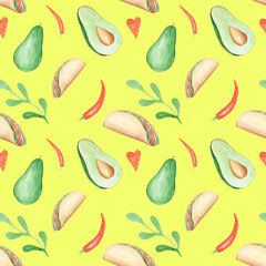 Watercolor taco and avocado seamless pattern on a yellow background. Hand-drawn Mexican food endless print. Fiesta wallpaper. Tacos, avocado, chili pepper, heart, leaves.