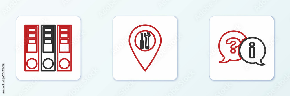 Aufkleber set line question and exclamation, office folders and location service icon. vector