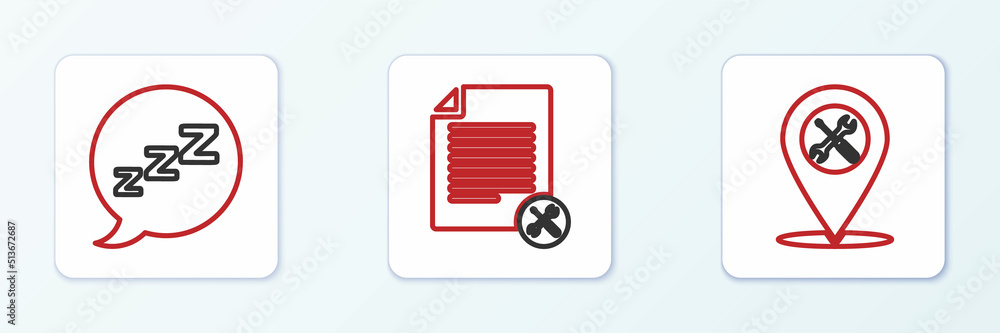Aufkleber set line location service, speech bubble with snoring and file document icon. vector