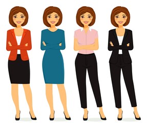 A young woman in various business suits stands on a white background. Flat style. Cartoon.