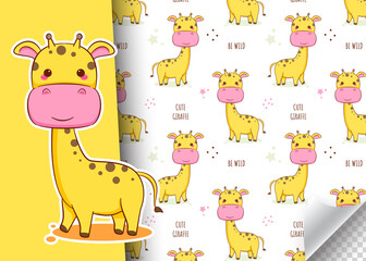 Fototapeta premium Cute cartoon giraffe character. Kids card and seamless background pattern. Hand drawn design vector