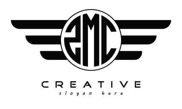 ZMC three letter circle with wings logo design vector template. wordmark logo | emblem logo | monogram logo | initial letter logo | typography logo | business logo | minimalist logo |