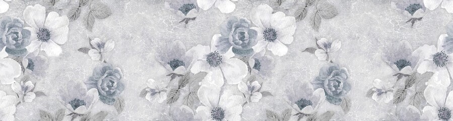 Blue Flowers on the old crackle wall background, wallpaper design - 513673473