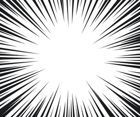 Manga speed burst frame. Radial anime speed lines. Crash zoom effect for comic book. Radial lines overlay template. Manga brust frame. Cartoon boom effect. Vector illustration on white background.