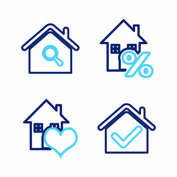 Set line House with check mark, heart shape, percant and Search house icon. Vector