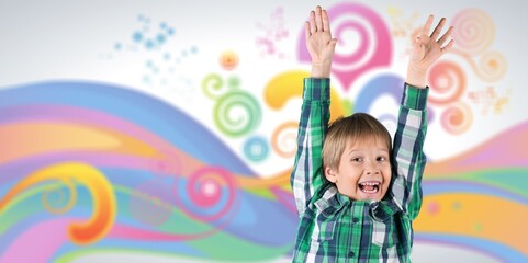 Fototapeta na wymiar Little fun happy child do winner gesture clench fist, lifestyle concept