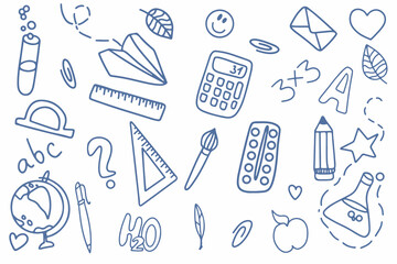 Doodle. Hand-drawn school supplies on a white background. Back to school. Vector illustration
