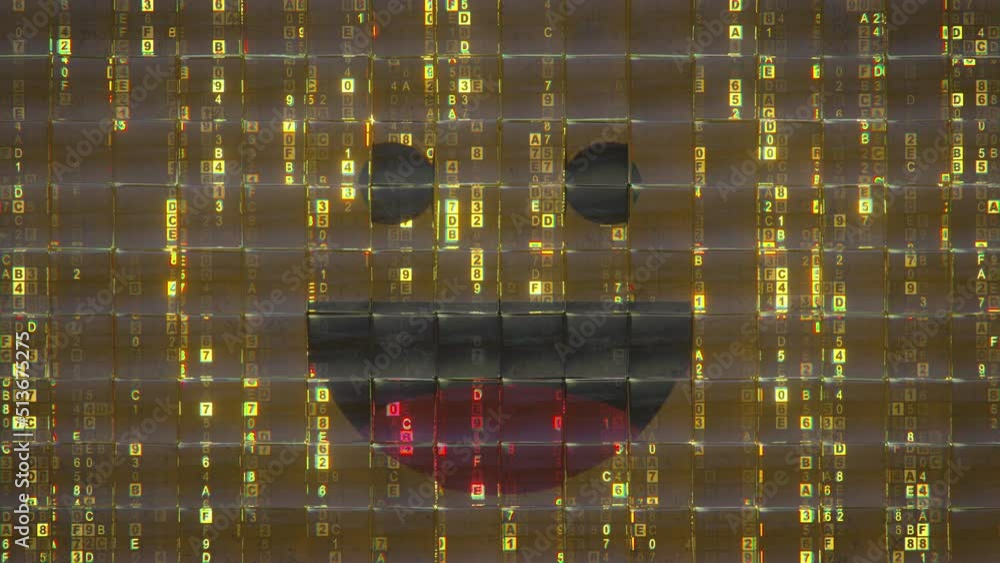 Poster laughing emoji and digital code behind glass tiles. seamless loop 3d animation