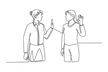 Simple continuous line drawing two girl students talking language in class . Subjects concept in school and university. Continuous line draw design graphic vector illustration.