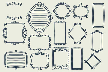 Fifteen hand drawn frame decoration set. collection of hand drawn doodle frames isolated on white background, black drawings set, minimal freehand drawn sketches.