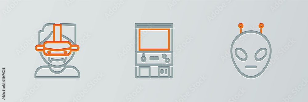 Poster set line alien, virtual reality glasses and retro arcade game machine icon. vector