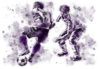 Obraz na płótnie Canvas A soccer player and a soccer ball painted with watercolor effects.