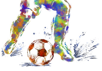 A soccer player and a soccer ball painted with watercolor effects.